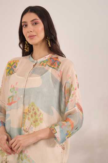Buy_Shivani Bhargava_Ivory , Satin, Organza Mandarin Safar Printed Kimono Kurta And Pant Set 