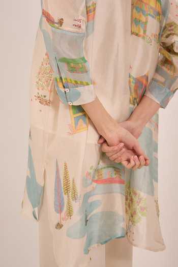 Shop_Shivani Bhargava_Ivory , Satin, Organza Mandarin Safar Printed Kimono Kurta And Pant Set 