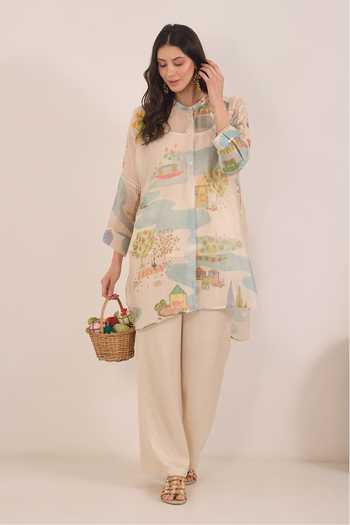 Buy_Shivani Bhargava_Ivory Organza Mandarin Collar Safar Printed Silk Kimono Kurta _Online_at_Aza_Fashions