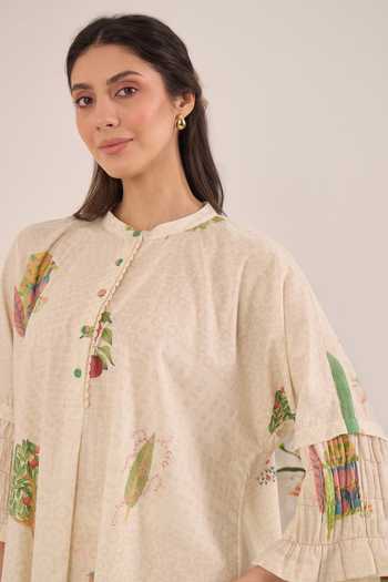 Shivani Bhargava_Cream Cotton Mandarin Collar Gulposh Kimono Top And Pant Set _Online