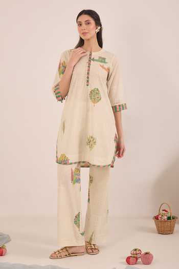 Buy_Shivani Bhargava_Cream Cotton Mandarin Collar Gulposh Kurta And Pant Set _at_Aza_Fashions