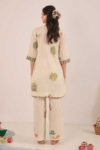 Shop_Shivani Bhargava_Cream Cotton Mandarin Collar Gulposh Kurta And Pant Set _at_Aza_Fashions