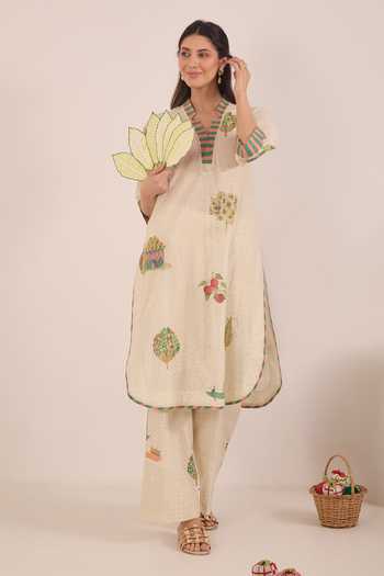 Shivani Bhargava_Cream Cotton Notched Neck Gulposh Nature Print Kurta And Pant Set _Online_at_Aza_Fashions