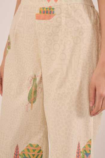Shop_Shivani Bhargava_Cream Cotton Notched Neck Gulposh Nature Print Kurta And Pant Set 