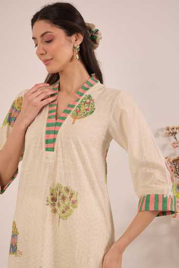 Shivani Bhargava_Cream Cotton Notched Neck Gulposh Nature Print Kurta And Pant Set _Online