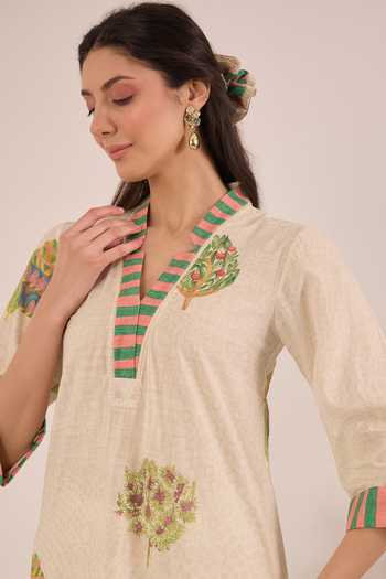 Buy_Shivani Bhargava_Cream Cotton Notched Neck, Yes Gulposh Nature Print Kurta 
