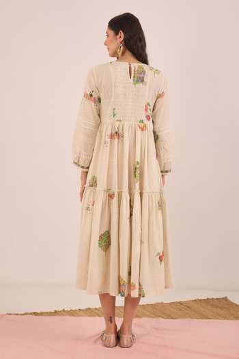 Shop_Shivani Bhargava_Cream Cotton Round Neck Gulposh Scenic Print Smocked Midi Dress _at_Aza_Fashions