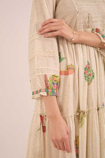 Shivani Bhargava_Cream Cotton Round Neck Gulposh Scenic Print Smocked Midi Dress _at_Aza_Fashions