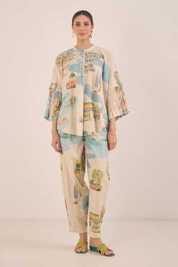 Buy_Shivani Bhargava_Cream Cotton Mandarin Collar Safar Landscape Print Kimono Top With Boat Pant _at_Aza_Fashions
