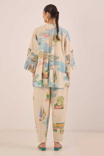 Shop_Shivani Bhargava_Cream Cotton Mandarin Collar Safar Landscape Print Kimono Top With Boat Pant _at_Aza_Fashions