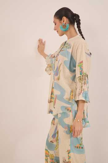 Shivani Bhargava_Cream Cotton Mandarin Collar Safar Landscape Print Kimono Top With Boat Pant _Online_at_Aza_Fashions