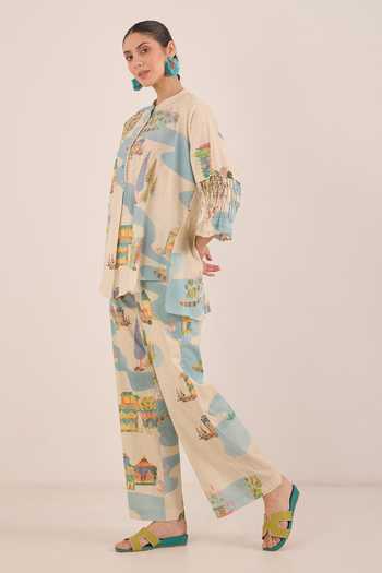 Shivani Bhargava_Cream Cotton Mandarin Collar Safar Namah Printed Top With Wide Leg Pant _Online_at_Aza_Fashions