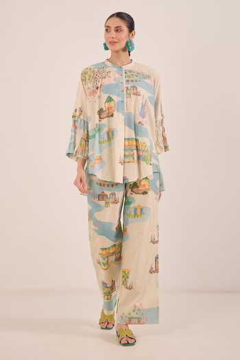 Buy_Shivani Bhargava_Cream Cotton Mandarin Collar Safar Namah Printed Top With Wide Leg Pant _Online_at_Aza_Fashions