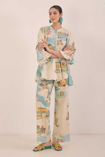 Shop_Shivani Bhargava_Cream Cotton Mandarin Collar Safar Namah Printed Top With Wide Leg Pant _Online_at_Aza_Fashions