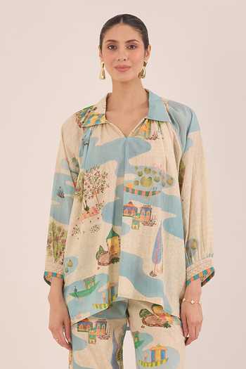 Buy_Shivani Bhargava_Cream Cotton V-, Collared Safar Scenic Print Top And Pant Co-ord Set _Online_at_Aza_Fashions