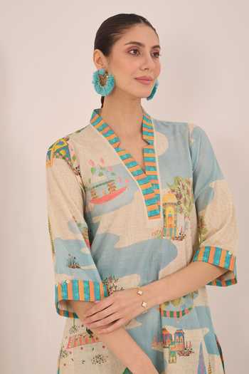 Shop_Shivani Bhargava_Cream Cotton Notched Neck Safar Scenic Print Kurta _Online_at_Aza_Fashions