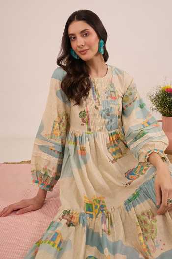 Shivani Bhargava_Cream Cotton Round Neck Safar Scenic Print Midi Dress _Online_at_Aza_Fashions