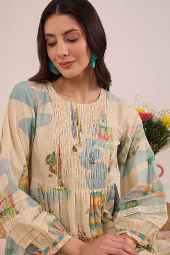 Buy_Shivani Bhargava_Cream Cotton Round Neck Safar Scenic Print Midi Dress _Online_at_Aza_Fashions