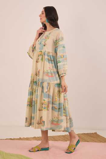 Shivani Bhargava_Cream Cotton Round Neck Safar Scenic Print Midi Dress _at_Aza_Fashions