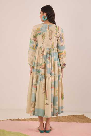 Shop_Shivani Bhargava_Cream Cotton Round Neck Safar Scenic Print Midi Dress _at_Aza_Fashions
