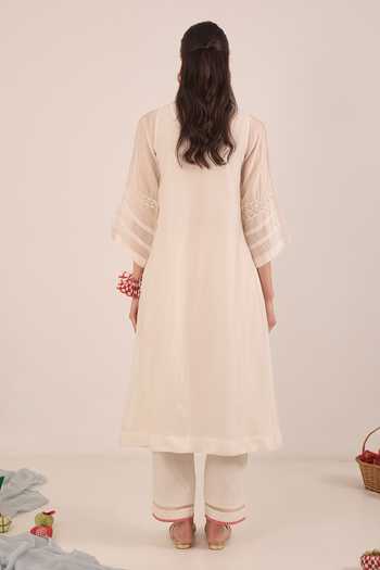 Shop_Shivani Bhargava_Ivory Silk, Chanderi Round Neck, Yes Khubani Embroidered Kurta _at_Aza_Fashions