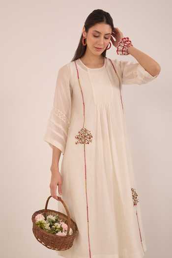 Shop_Shivani Bhargava_Ivory Silk, Chanderi Round Neck, Yes Khubani Embroidered Kurta _Online_at_Aza_Fashions
