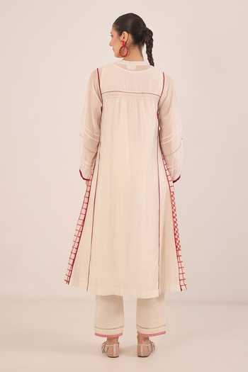 Shop_Shivani Bhargava_Ivory Silk, Chanderi, Cotton Mandarin Firdaus Side Checked Kali Kurta And Pant Set _at_Aza_Fashions
