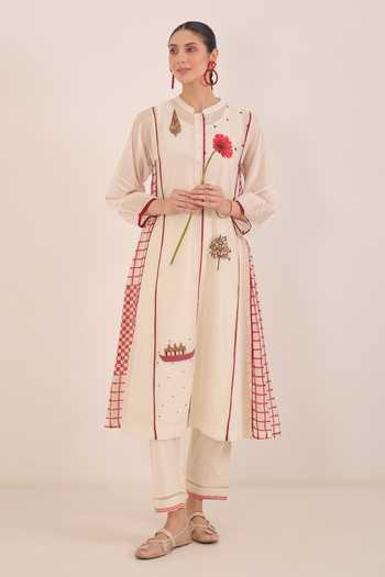 Buy_Shivani Bhargava_Ivory Silk, Chanderi, Cotton Mandarin Firdaus Side Checked Kali Kurta And Pant Set _at_Aza_Fashions