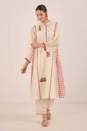 Shop_Shivani Bhargava_Ivory Silk, Chanderi, Cotton Mandarin Firdaus Side Checked Kali Kurta And Pant Set _Online_at_Aza_Fashions