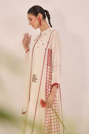 Buy_Shivani Bhargava_Ivory Silk, Chanderi, Cotton Mandarin Firdaus Side Checked Kali Kurta And Pant Set 