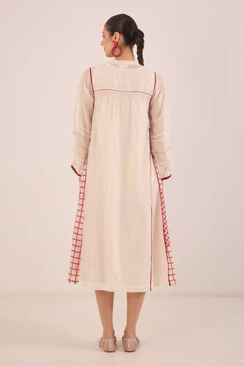 Shivani Bhargava_Ivory Silk, Chanderi Mandarin Collar Firdaus Side Checked Kali Kurta _Online_at_Aza_Fashions