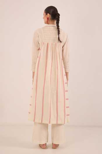 Shop_Shivani Bhargava_Ivory Cotton Mandarin Collar, Yes Zoon Striped Kurta And Pant Set _at_Aza_Fashions