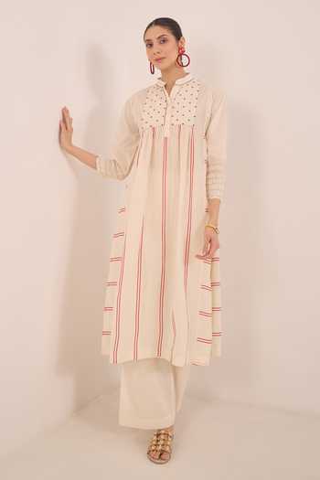 Buy_Shivani Bhargava_Ivory Cotton Mandarin Collar, Yes Zoon Striped Kurta And Pant Set _at_Aza_Fashions