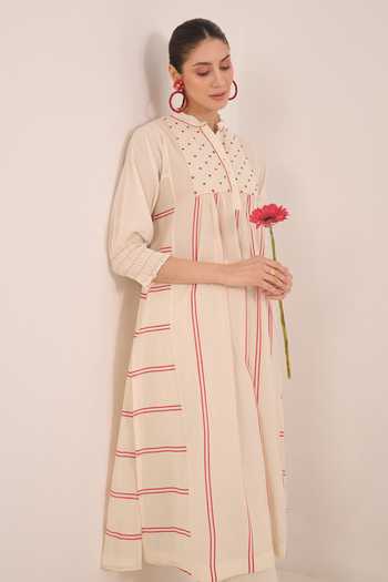 Shop_Shivani Bhargava_Ivory Cotton Mandarin Collar, Yes Zoon Striped Kurta And Pant Set _Online_at_Aza_Fashions