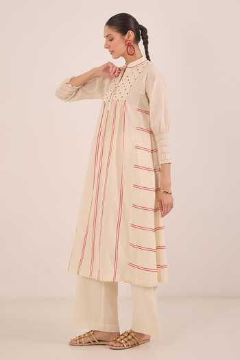 Shivani Bhargava_Ivory Cotton Mandarin Collar, Yes Zoon Striped Kurta And Pant Set _at_Aza_Fashions