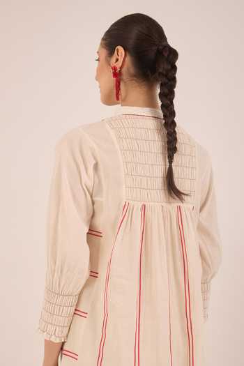Shop_Shivani Bhargava_Ivory Cotton Mandarin Collar, Yes Zoon Striped Kurta And Pant Set 
