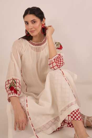 Shop_Shivani Bhargava_Ivory Silk, Chanderi, Cotton Round Neck, Shirin Checkered Back Kurta And Pant Set _Online_at_Aza_Fashions