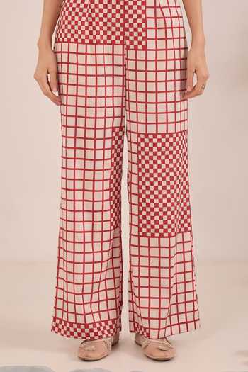 Shop_Shivani Bhargava_Ivory Silk, Chanderi, Cotton Round Neck, Shirin Checkered Back Kurta And Pant Set 