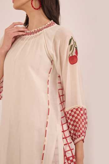 Shivani Bhargava_Ivory Silk, Chanderi Round Neck Shirin Checkered Back Kurta _at_Aza_Fashions