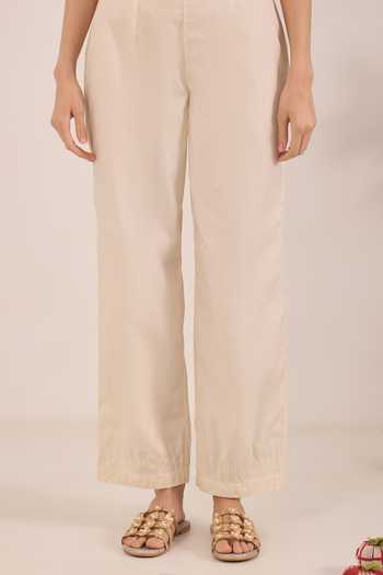Buy_Shivani Bhargava_Ivory Silk, Chanderi, Cotton Round Neck Chinar Floral Embroidered Kurta Set _Online_at_Aza_Fashions