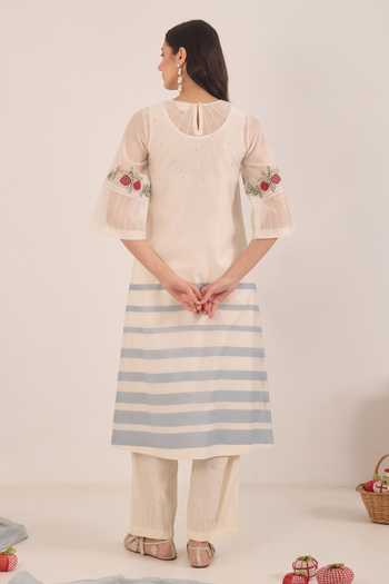 Shop_Shivani Bhargava_Ivory Silk, Chanderi, Cotton Round Neck Chinar Floral Embroidered Kurta Set _at_Aza_Fashions