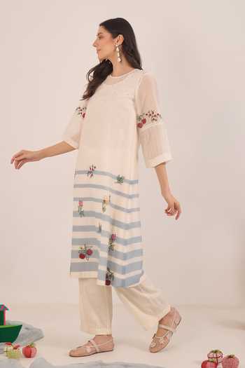 Shop_Shivani Bhargava_Ivory Silk, Chanderi, Cotton Round Neck Chinar Floral Embroidered Kurta Set _Online_at_Aza_Fashions