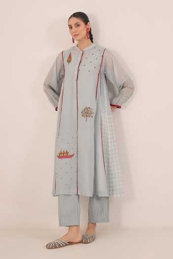 Shop_Shivani Bhargava_Blue Silk, Chanderi, Cotton Firdaus Side Checkered Kali Kurta And Pant Set _Online_at_Aza_Fashions