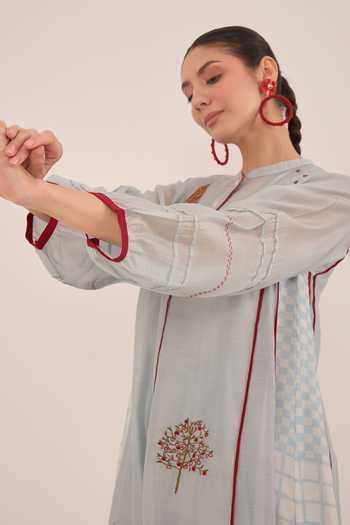 Buy_Shivani Bhargava_Blue Silk, Chanderi, Cotton Firdaus Side Checkered Kali Kurta And Pant Set 