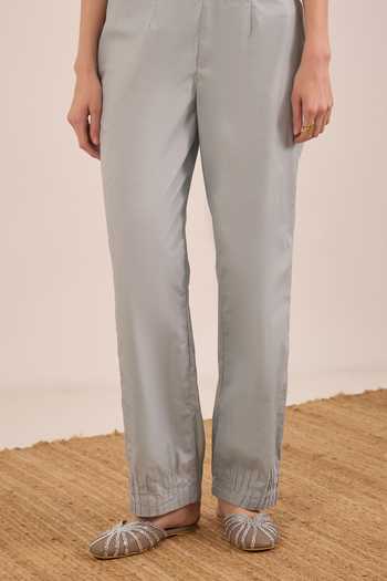 Shop_Shivani Bhargava_Blue Silk, Chanderi, Cotton Firdaus Side Checkered Kali Kurta And Pant Set 
