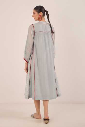 Shop_Shivani Bhargava_Blue Silk, Chanderi Mandarin Collar Firdaus Side Checkered Kali Kurta _at_Aza_Fashions
