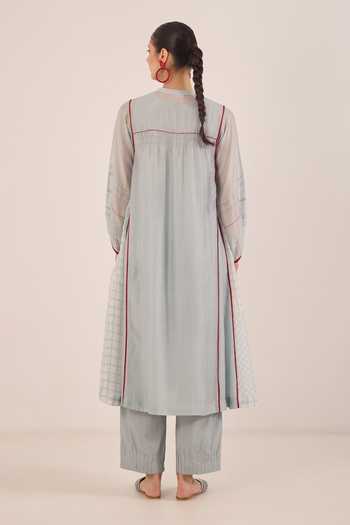 Shop_Shivani Bhargava_Blue Silk, Chanderi Mandarin Collar Firdaus Side Checkered Kali Kurta _Online_at_Aza_Fashions