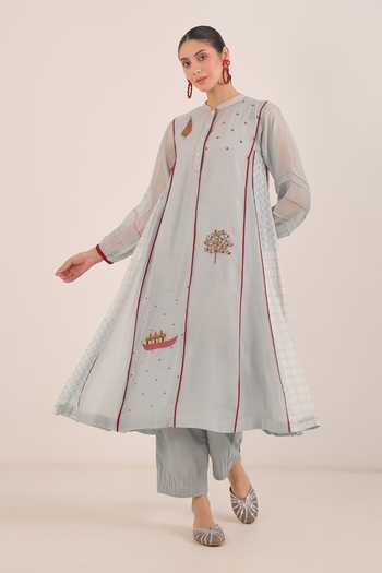 Shivani Bhargava_Blue Silk, Chanderi Mandarin Collar Firdaus Side Checkered Kali Kurta _at_Aza_Fashions