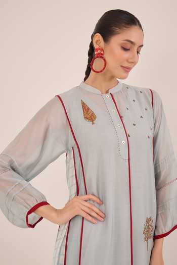 Shop_Shivani Bhargava_Blue Silk, Chanderi Mandarin Collar Firdaus Side Checkered Kali Kurta 