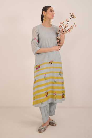Shivani Bhargava_Blue Silk, Chanderi, Cotton Chinar Floral Embroidered Striped Kurta And Pant Set _Online_at_Aza_Fashions